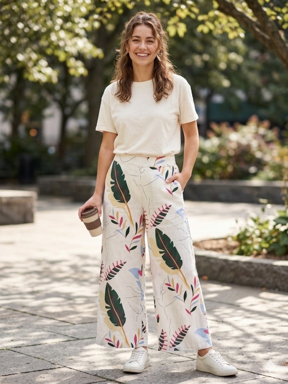 Cynthia Rowley Cream Wide-Leg Tropical Print Pants